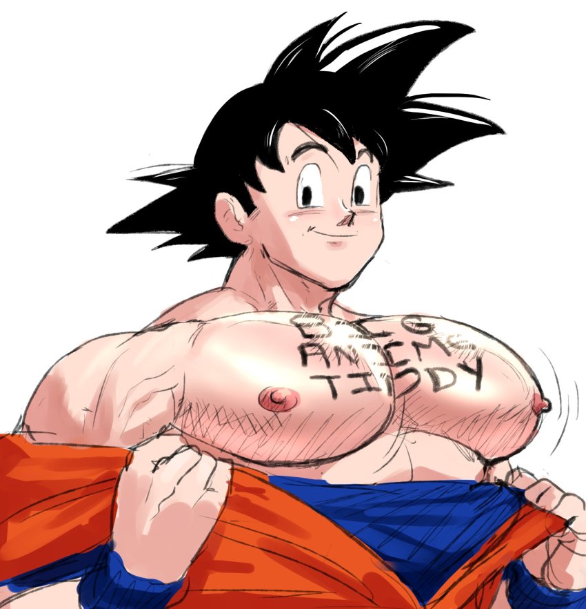 1boy, bara, bare_pectorals, black_hair, body_writing, carless_(ppanic), closed_mouth, clothes_pull, dougi, dragon_ball, dragonball_z, highres, large_pectorals, looking_at_viewer, male_focus, muscular, muscular_male, nipples, pectorals, short_hair, simple_background, smile, solo, son_goku, spiked_hair, upper_body, white_background, wristband