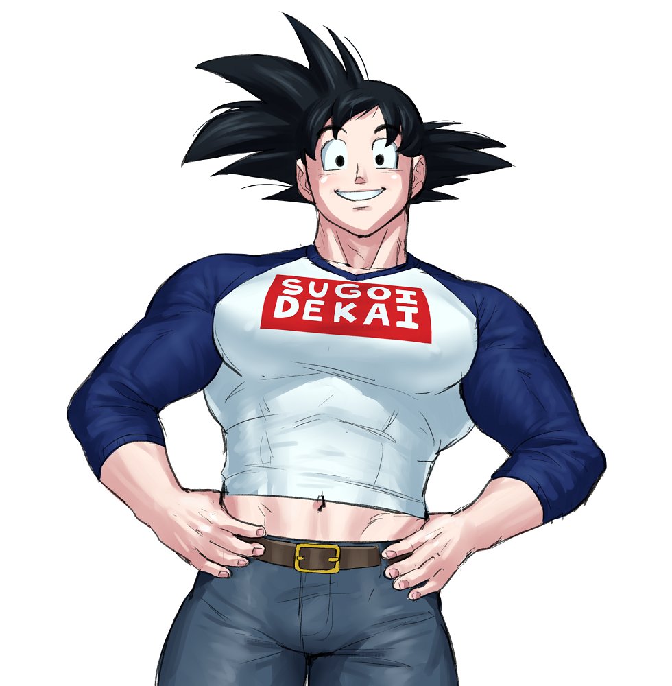 1boy, belt, black_hair, black_pants, blue_shirt, brown_belt, carless_(ppanic), clothes_writing, cosplay, dragon_ball, dragonball_z, hands_on_own_hips, large_pectorals, looking_at_viewer, male_focus, muscular, muscular_male, navel, pants, pectorals, shirt, short_hair, simple_background, smile, solo, son_goku, spiked_hair, sugoi_dekai, teeth, two-tone_shirt, uzaki-chan_wa_asobitai!, uzaki_hana, uzaki_hana_(cosplay), white_background, white_shirt