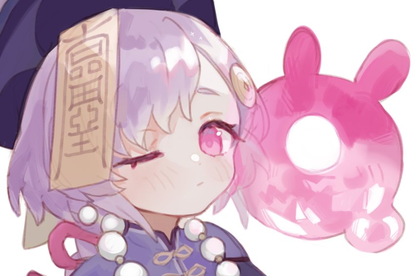 1girl, 750x077, ;/, bead_necklace, beads, blush, coin_hair_ornament, genshin_impact, hair_ornament, hat, highres, jewelry, long_hair, looking_at_viewer, necklace, ofuda, ofuda_on_head, one_eye_closed, purple_eyes, purple_hair, purple_hat, qingdai_guanmao, qiqi_(genshin_impact), seelie_(genshin_impact), simple_background, solo, talisman, upper_body, white_background