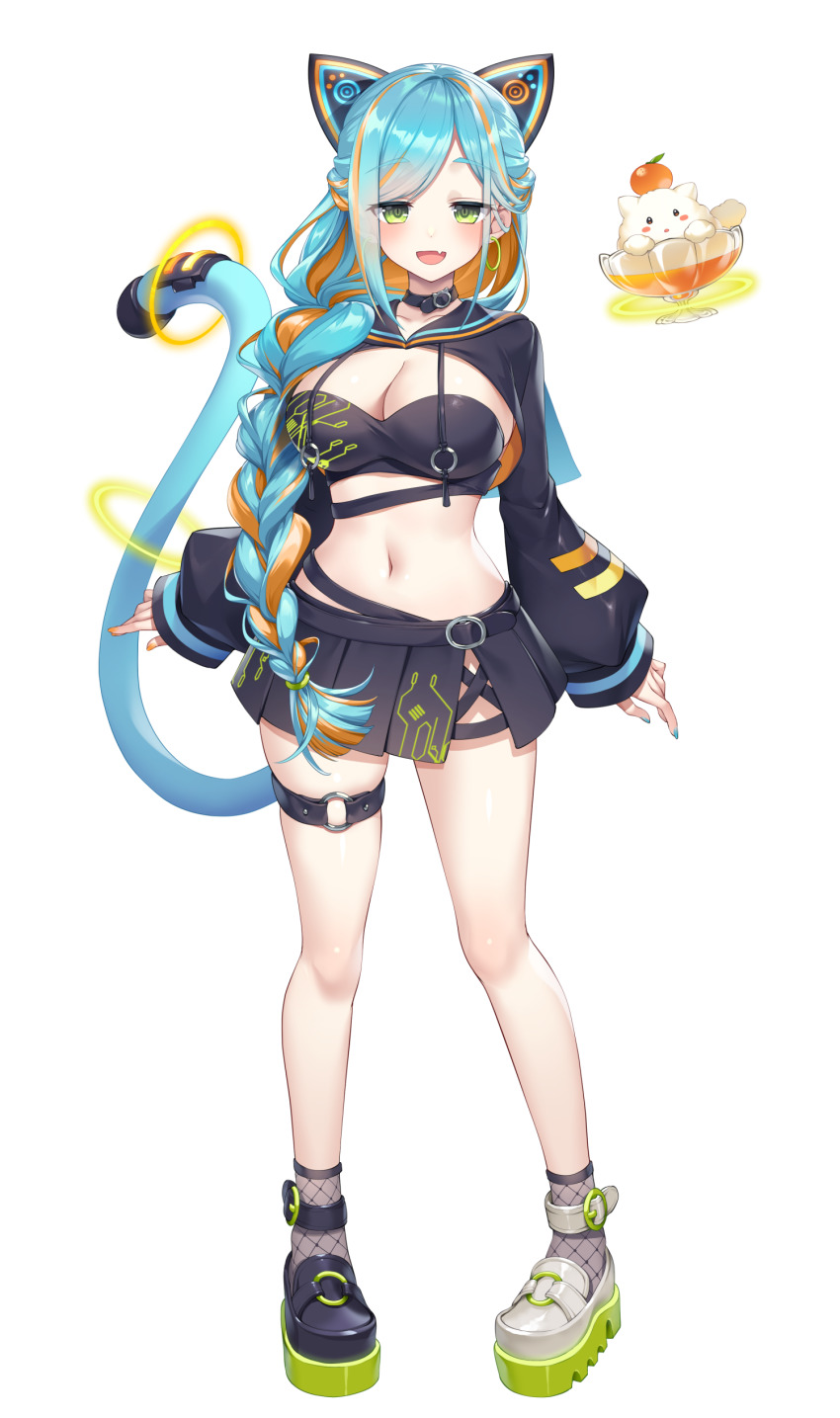 1girl, absurdres, animal_ears, aqua_hair, asymmetrical_footwear, bavel, black_footwear, black_jacket, braid, braided_ponytail, breasts, cleavage, full_body, gomashio_ponz, half-closed_eyes, highres, indie_virtual_youtuber, jacket, large_breasts, long_hair, long_sleeves, looking_at_viewer, mismatched_footwear, multicolored_hair, navel, necomare_eimu, open_mouth, orange_hair, simple_background, smile, standing, tail, transparent_background, two-tone_hair, virtual_youtuber, white_background, white_footwear