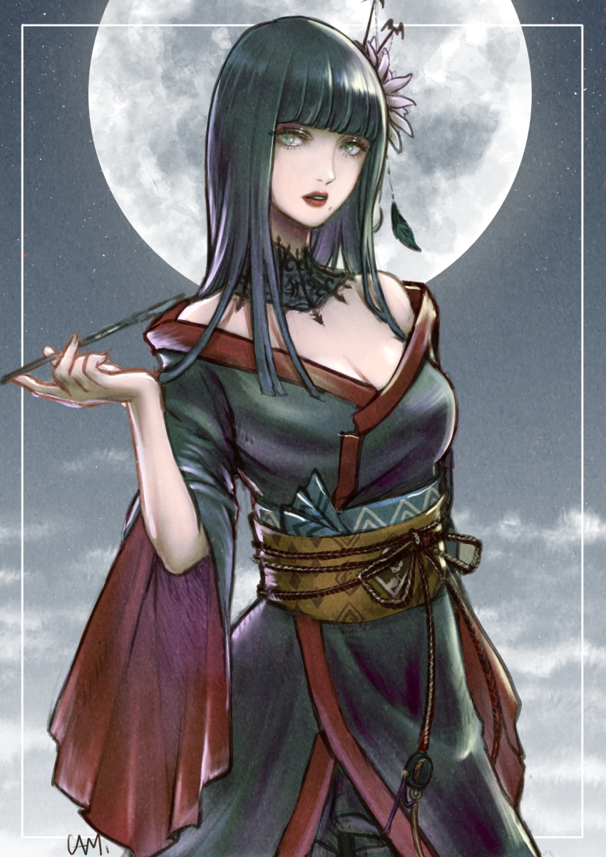 1girl, black_hair, black_kimono, blunt_bangs, blunt_ends, breasts, cam_(cammero95713700), cleavage, epiphyllum, final_fantasy, final_fantasy_xiv, full_moon, green_eyes, highres, holding, holding_smoking_pipe, hyur, japanese_clothes, kimono, kiseru, lace_collar, large_breasts, long_hair, looking_at_viewer, mole, mole_under_mouth, moon, off_shoulder, sash, smoking_pipe, solo, straight_hair, yellow_sash, yotsuyu_goe_brutus, yuujo