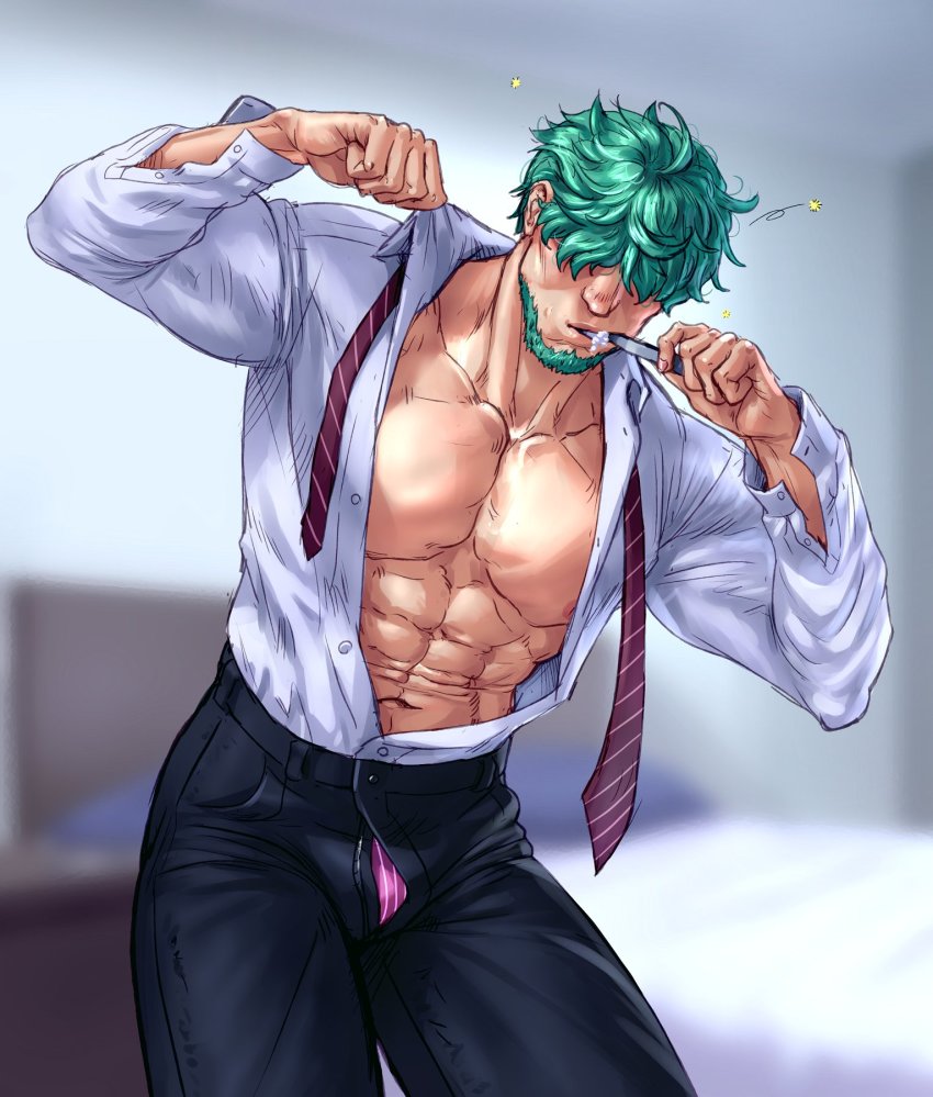 1boy, abs, aqua_hair, bara, black_pants, brushing_teeth, carless_(ppanic), collared_shirt