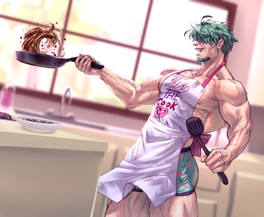 1boy, apron, aqua_hair, aqua_male_underwear, bara, boxer_briefs, carless_(ppanic), cooking