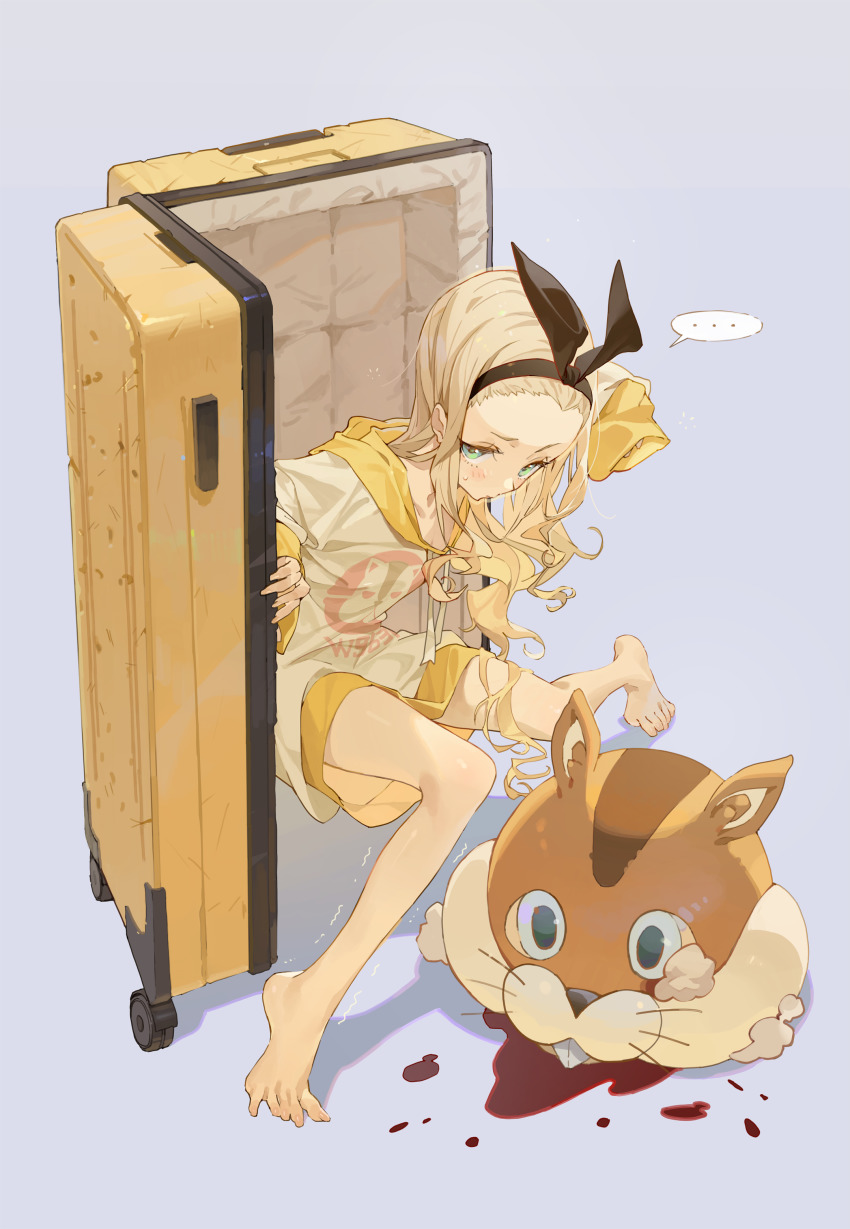 ..., 1girl, absurdres, bare_legs, barefoot, black_hairband, blonde_hair, blood