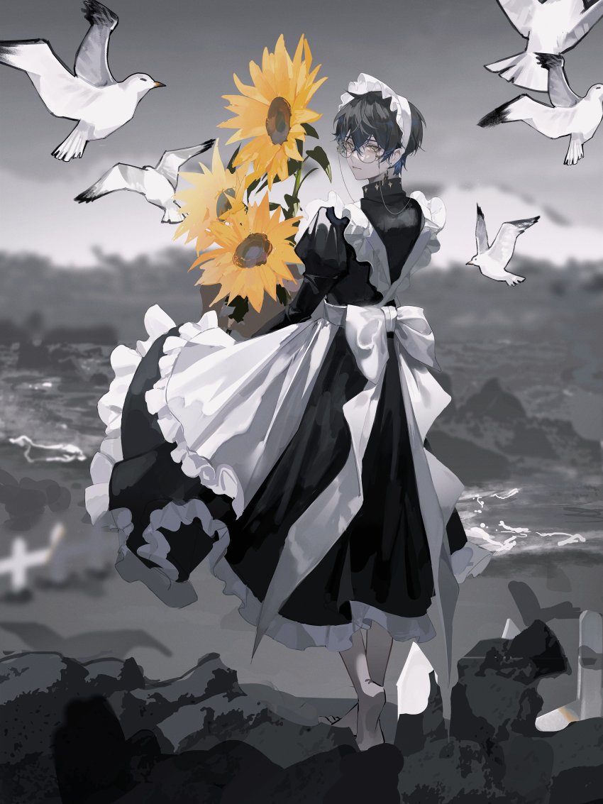00zhuyin00, 1boy, absurdres, alternate_costume, apron, beach, bird, black_dress, closed_mouth, crossdressing, crossdressing_(mtf), dress, enmaided, eyewear_strap, flower, frilled_apron, frills, from_behind, glasses, highres, holding, holding_flower, ike_eveland, juliet_sleeves, long_sleeves, looking_at_viewer, looking_back, maid, maid_apron, maid_headdress, male_focus, male_maid, nijisanji, nijisanji_en, no_shoes, pantyhose, partially_colored, puffy_sleeves, round_eyewear, seagull, solo, sunflower, turtleneck, virtual_youtuber, white_apron, white_pantyhose