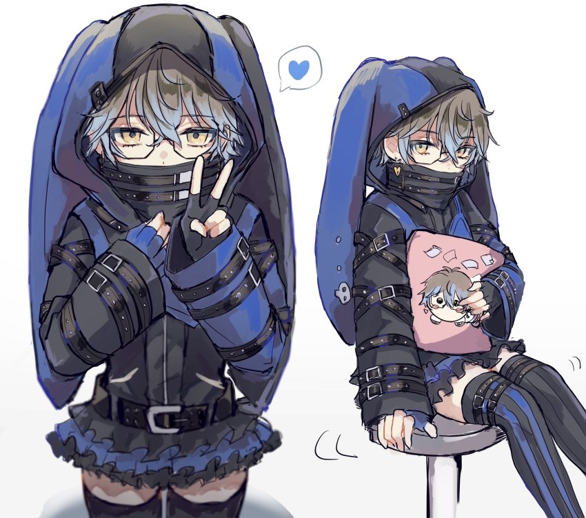 1boy, animal_hood, belt, black_belt, black_dress, black_gloves, black_thighhighs, blue_eyes