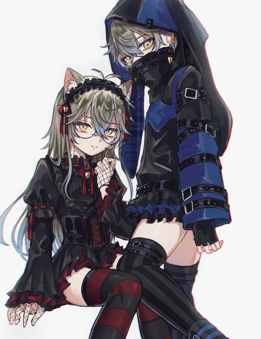2boys, ahoge, alternate_hair_length, alternate_hairstyle, animal_ears, animal_hood, belt, black_belt