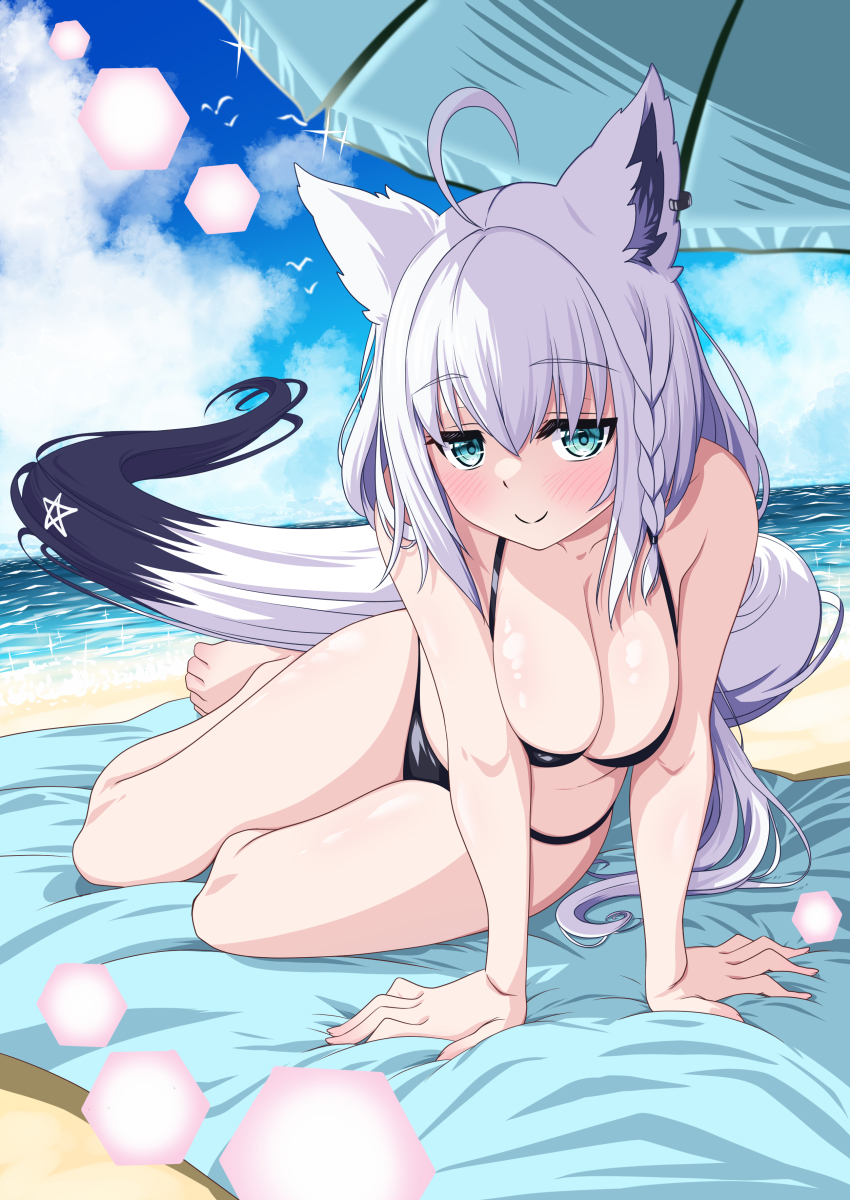 1girl, absurdres, animal_ears, beach, beach_towel, beach_umbrella, bikini, black_bikini