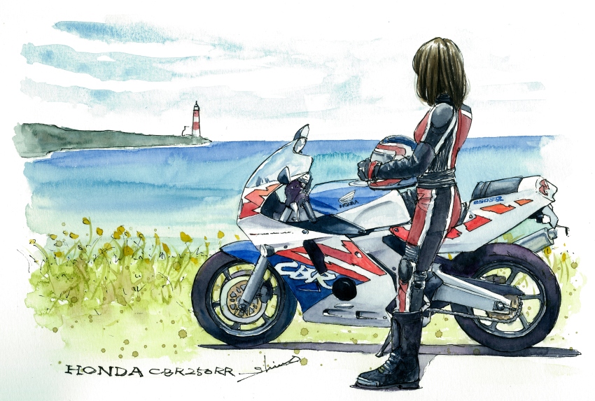 1girl, absurdres, biker_clothes, bikesuit, black_footwear, black_gloves, black_hair, bodysuit, day, gloves, unworn_headwear, helmet, unworn_helmet, highres, honda, honda_cb250r, lighthouse, looking_away, motor_vehicle, motorcycle, ocean, original, outdoors, shin_osawa, standing, traditional_media