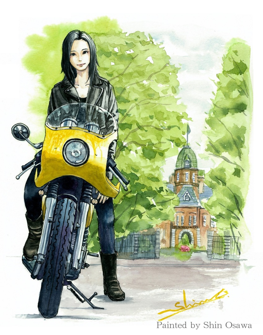 1girl, artist_name, black_boots, black_eyes, black_hair, black_jacket, boots, building