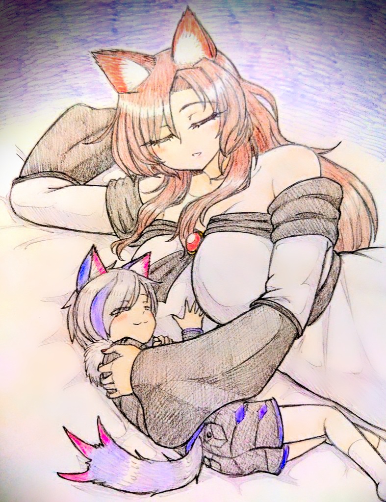 1boy, 1girl, age_difference, animal_ears, bare_shoulders, breasts, brooch, brown_hair