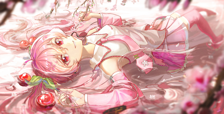 1girl, absurdres, bad_anatomy, blurry, cherry, cherry59599, cherry_blossoms, cherry_hair_ornament