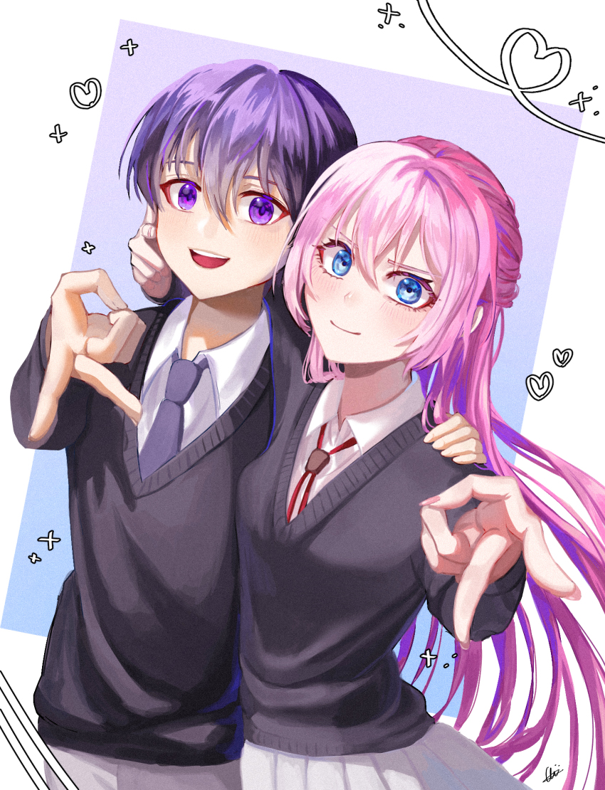 1boy, 1girl, :d, bad_anatomy, bad_hands, black_sweater_vest, blue_eyes, cherry59599, hair_between_eyes, heart, hetero, highres, izumi_yuuki_(kawaii_dake_ja_nai), kawaii_dake_ja_nai_shikimori-san, long_hair, long_sleeves, open_mouth, pink_hair, purple_hair, school_uniform, shikimori_miyako, short_hair, simple_background, skirt, smile, standing, sweater_vest, v, white_skirt
