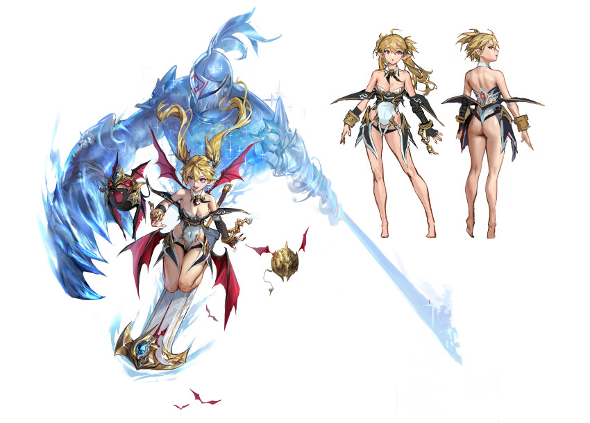 1boy, 1girl, absurdres, ahoge, armor, ass, back, bandaged_arm