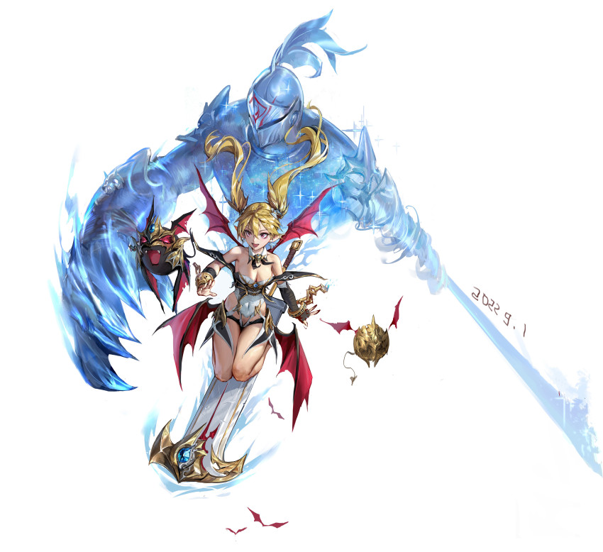 1boy, 1girl, absurdres, armor, bandaged_arm, bandages, bare_shoulders, bat_(animal)