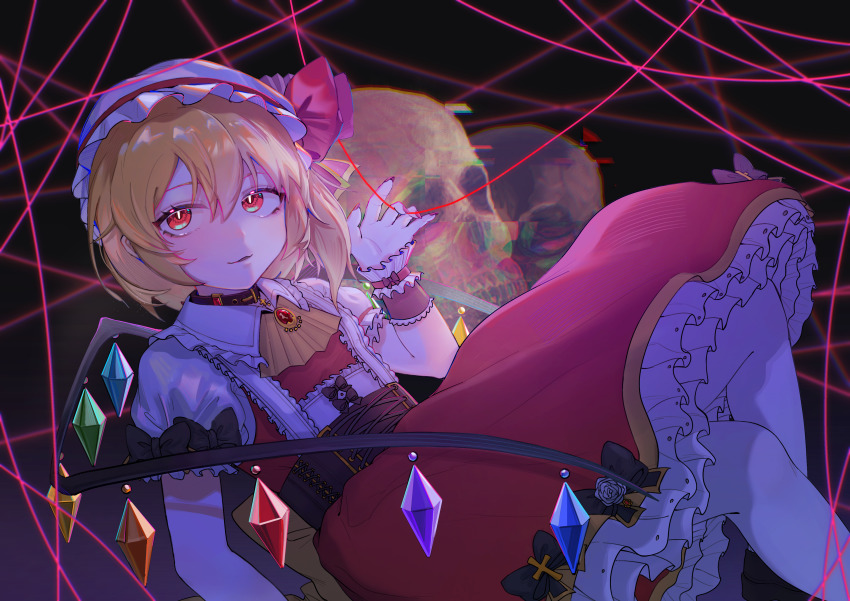 1girl, absurdres, adapted_costume, blonde_hair, brown_corset, chromatic_aberration, collared_shirt, corset, dark_background, feet_out_of_frame, fingernails, flandre_scarlet, frilled_shirt_collar, frilled_skirt, frills, hair_between_eyes, hat, hat_ribbon, highres, linqiankira, looking_at_viewer, medium_hair, mob_cap, multicolored_wings, nail_polish, puffy_short_sleeves, puffy_sleeves, red_eyes, red_nails, red_ribbon, red_skirt, ribbon, sharp_fingernails, shirt, short_sleeves, simple_background, skirt, skull, solo, touhou, white_hat, white_shirt, wings, wrist_cuffs