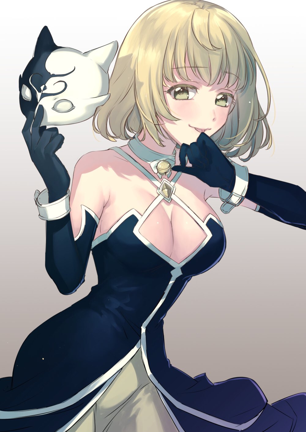 1girl, ahoge, animal_ears, bell, black_gloves, blonde_hair, blush, breasts
