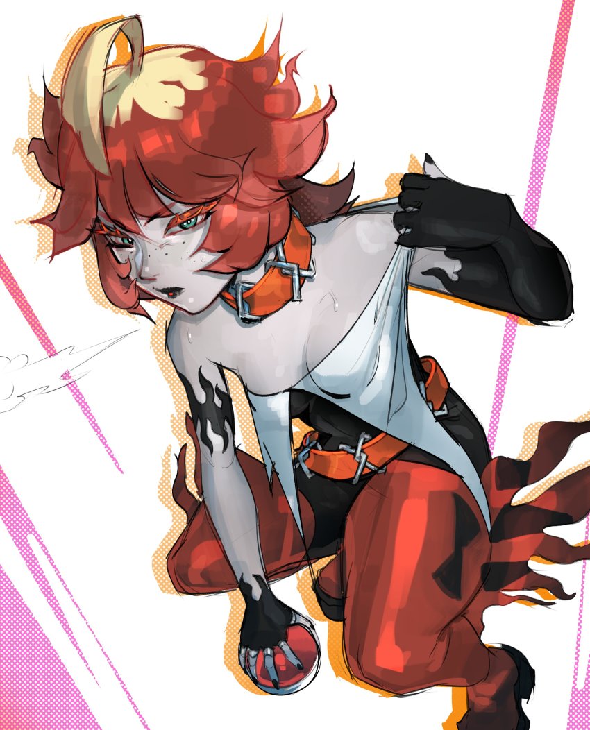 1girl, absurdres, bare_shoulders, belt, black_bodysuit, black_gloves, black_lips, blonde_hair, bob_cut, bodysuit, boots, breasts, cleavage, collar, fiery_clothing, freckles, gloves, green_eyes, highres, loose_belt, mela_(pokemon), multicolored_hair, nintendo, off_shoulder, orange_belt, orange_collar, partially_fingerless_gloves, pokemon, pokemon_scarlet_and_violet, red_hair, red_thighhighs, short_hair, single_bare_shoulder, sleeveless, strapless, team_star, thigh_boots, thighhighs, zearcier