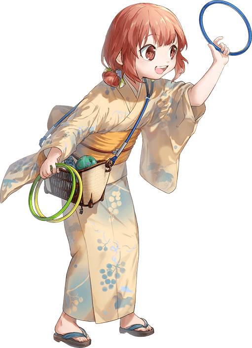1girl, bag, brown_eyes, brown_hair, floral_print, food_print, fruit_print, full_body, geta, grape_print, holding_hoop, hozuka_(kadokawa), japanese_clothes, kaiboukan_no._4_(autumn_yukata)_(kancolle), kaiboukan_no._4_(kancolle), kantai_collection, kimono, low_twintails, official_alternate_costume, official_art, short_hair, smile, transparent_background, twintails, water_balloon, yellow_kimono, yukata