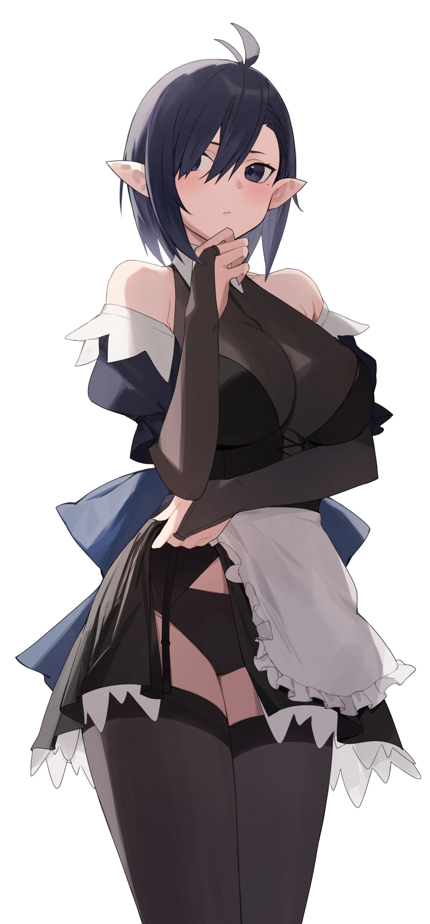 1girl, absurdres, antenna_hair, apron, bare_shoulders, black_dress, black_eyes, black_hair