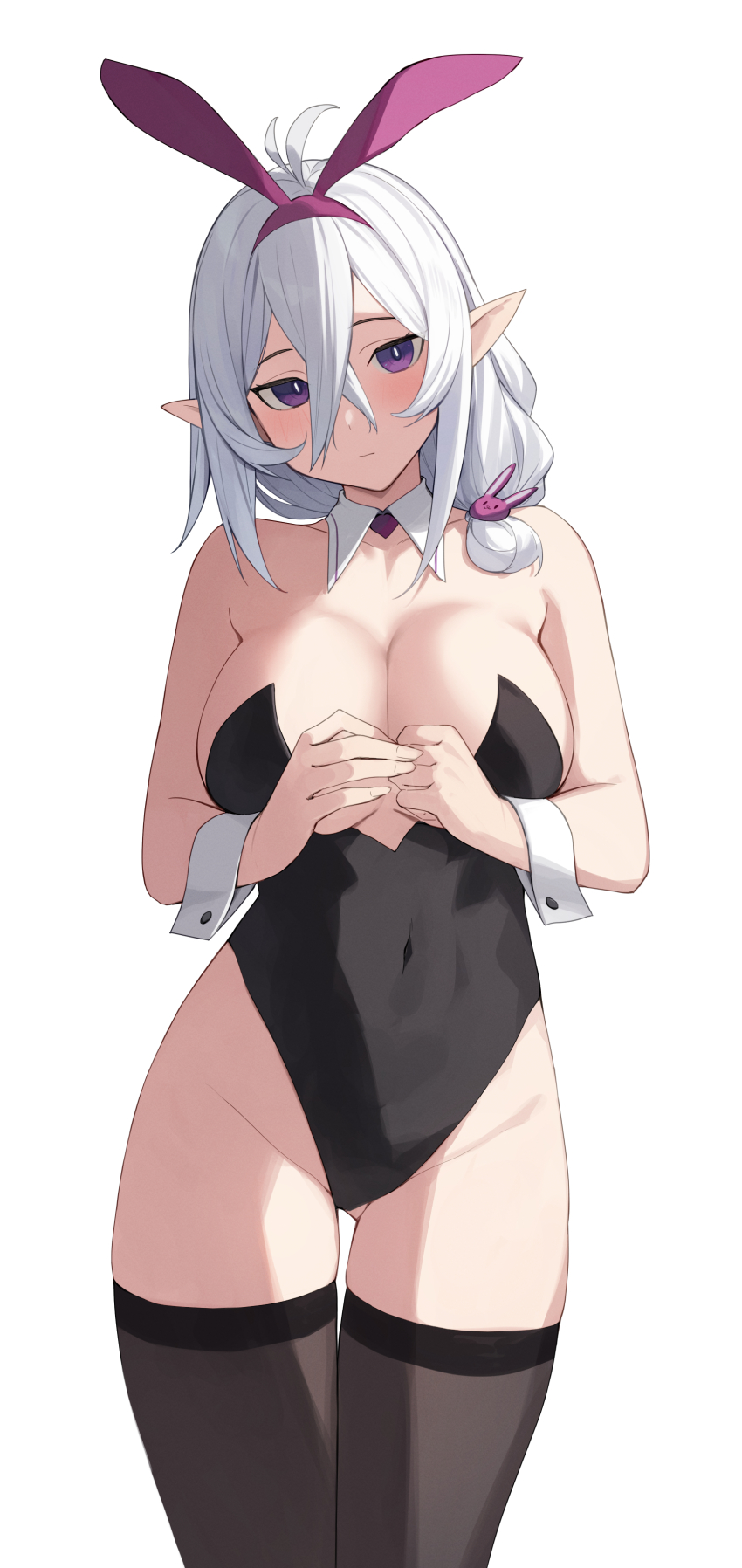 1girl, absurdres, animal_ears, antenna_hair, bare_shoulders, black_leotard, black_thighhighs, blush