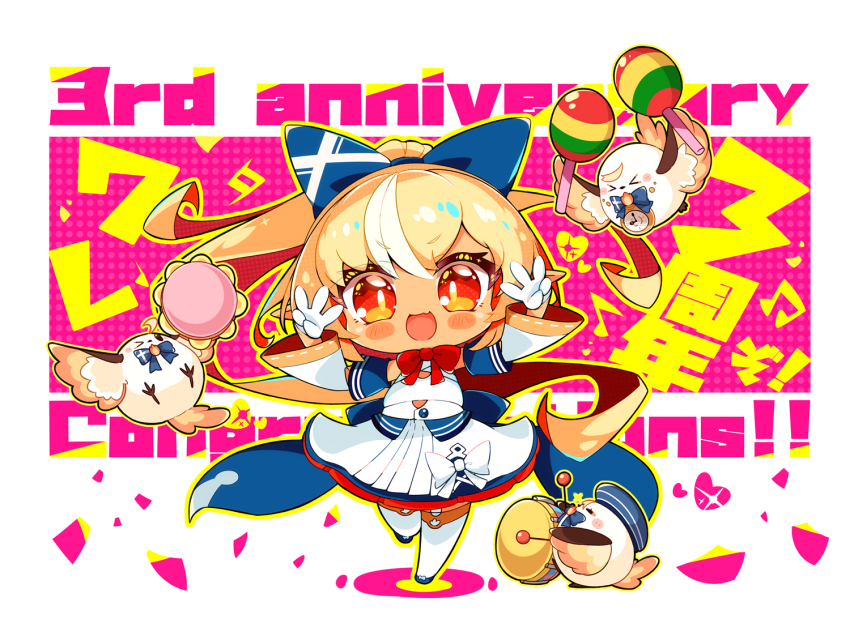 1girl, :d, blonde_hair, blue_bow, blush, blush_stickers, bow, chibi