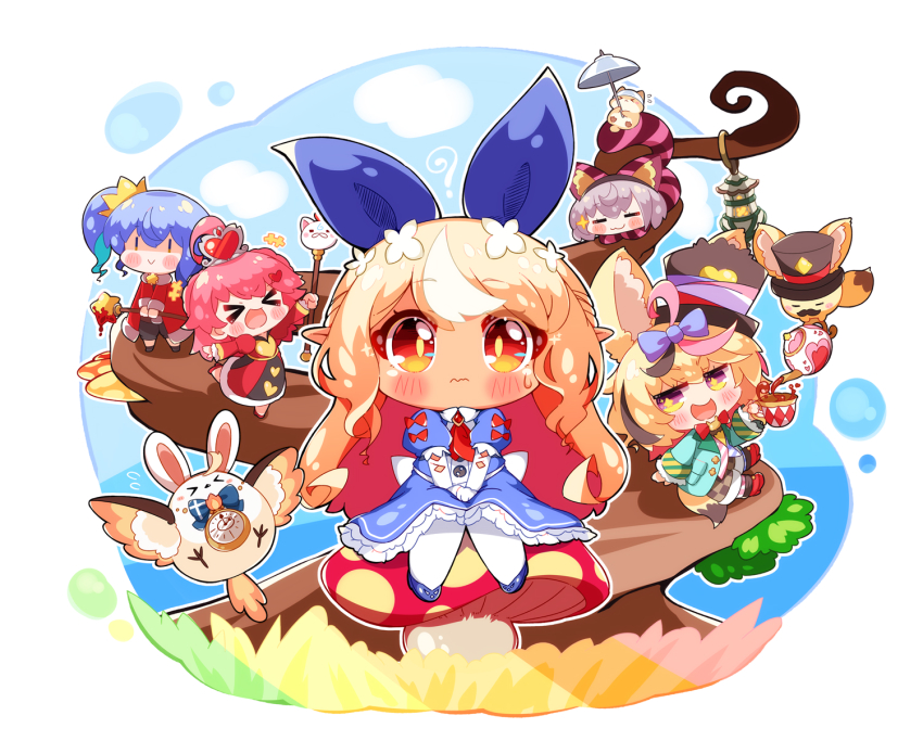 5girls, alice's_adventures_in_wonderland, blonde_hair, blue_dress, blush, bow, chibi, dark-skinned_female