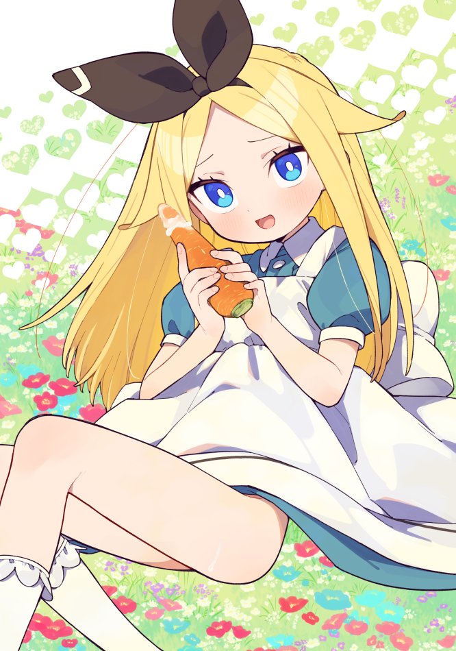 1girl, alice_(moyori), back_bow, blonde_hair, blue_eyes, blue_flower, blush, bow