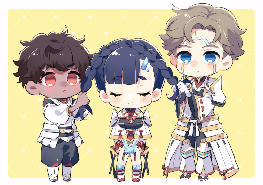 1girl, 2boys, :<, blue_eyes, blue_hair, blush, border, braiding_hair