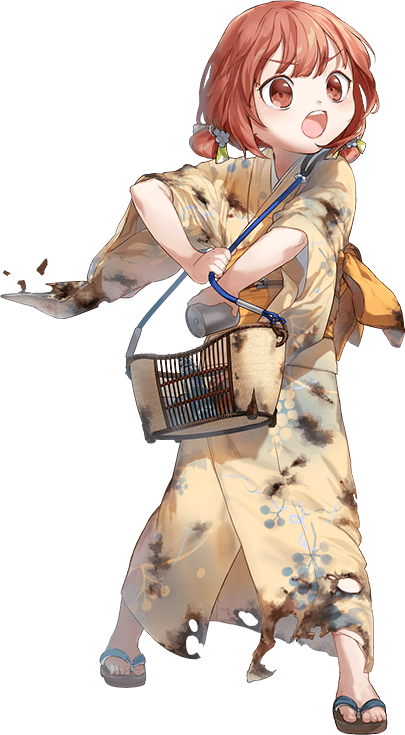 1girl, bag, brown_eyes, brown_hair, burnt_clothes, depth_charge, floral_print, food_print