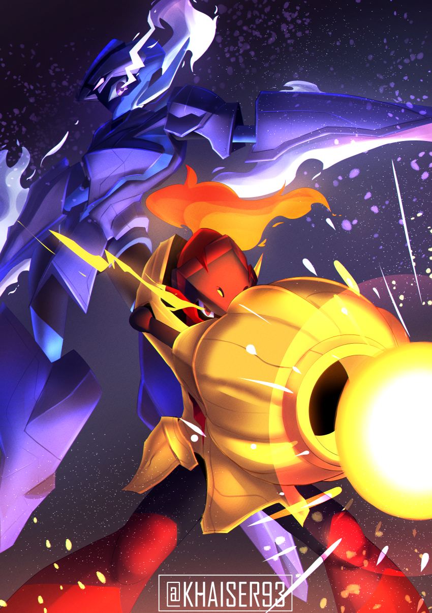 absurdres, armarouge, armor, blade, cannon, ceruledge, commentary, eye_trail