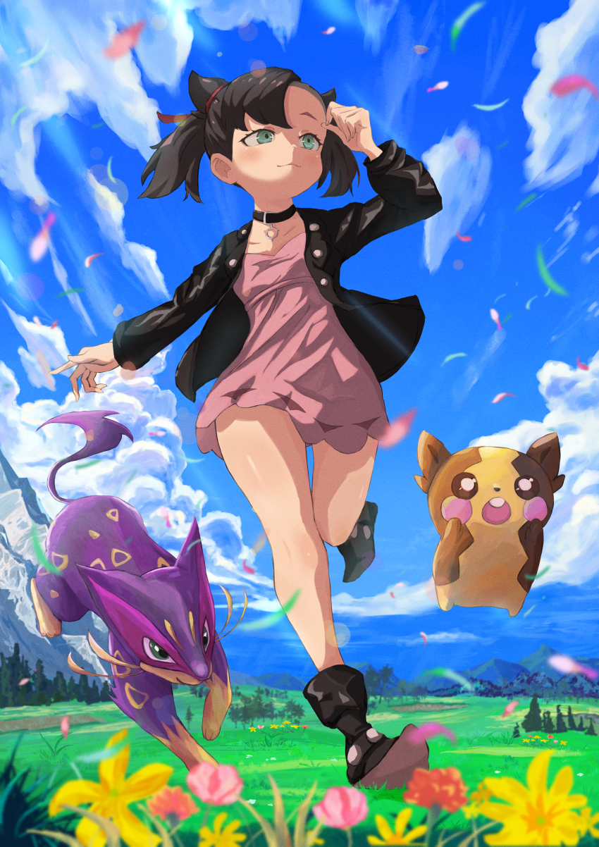 1girl, absurdres, ankle_boots, asymmetrical_bangs, black_choker, black_footwear, black_hair, black_jacket