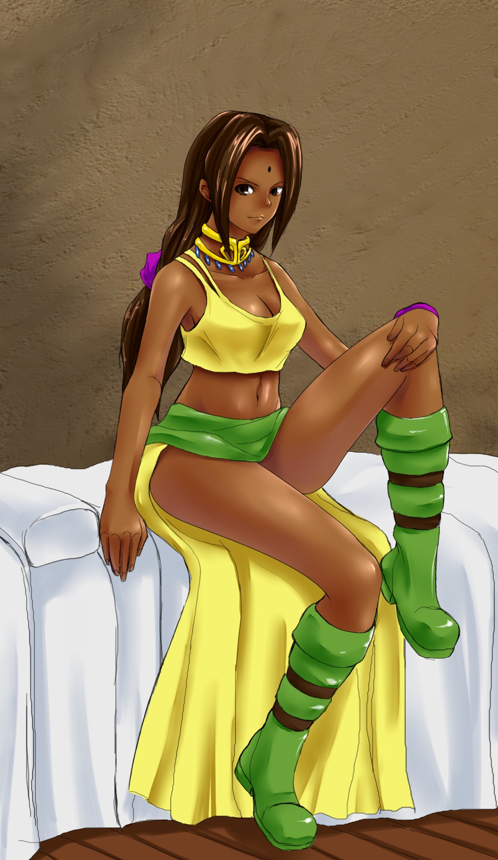 1girl, arc_the_lad, arc_the_lad_i, arc_the_lad_ii, bed, boots, breasts, brown_eyes, brown_hair, choker, dark-skinned_female, dark_skin, female_focus, green_boots, highres, long_hair, low-tied_long_hair, midriff, no_bra, sania, sania_(arc_the_lad), shown, sitting, solo