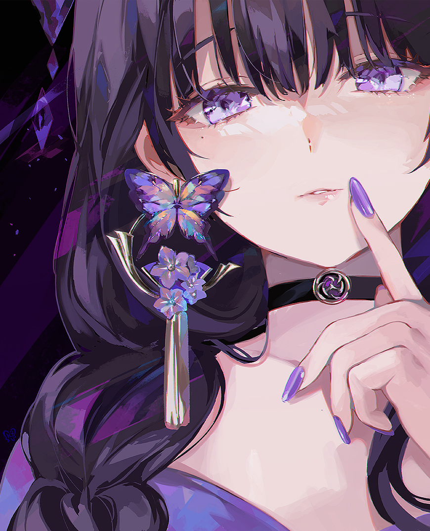 1girl, black_background, black_choker, braid, bug, butterfly, butterfly_earrings, choker, close-up, diamond_(shape), earrings, finger_to_mouth, gem, genshin_impact, hair_over_shoulder, hyatsu, insect, jewelry, light_smile, long_hair, looking_at_viewer, low-braided_long_hair, low-tied_long_hair, nail_polish, parted_lips, purple_butterfly, purple_eyes, purple_hair, purple_nails, purple_theme, raiden_shogun, raised_eyebrows, solo, upper_body