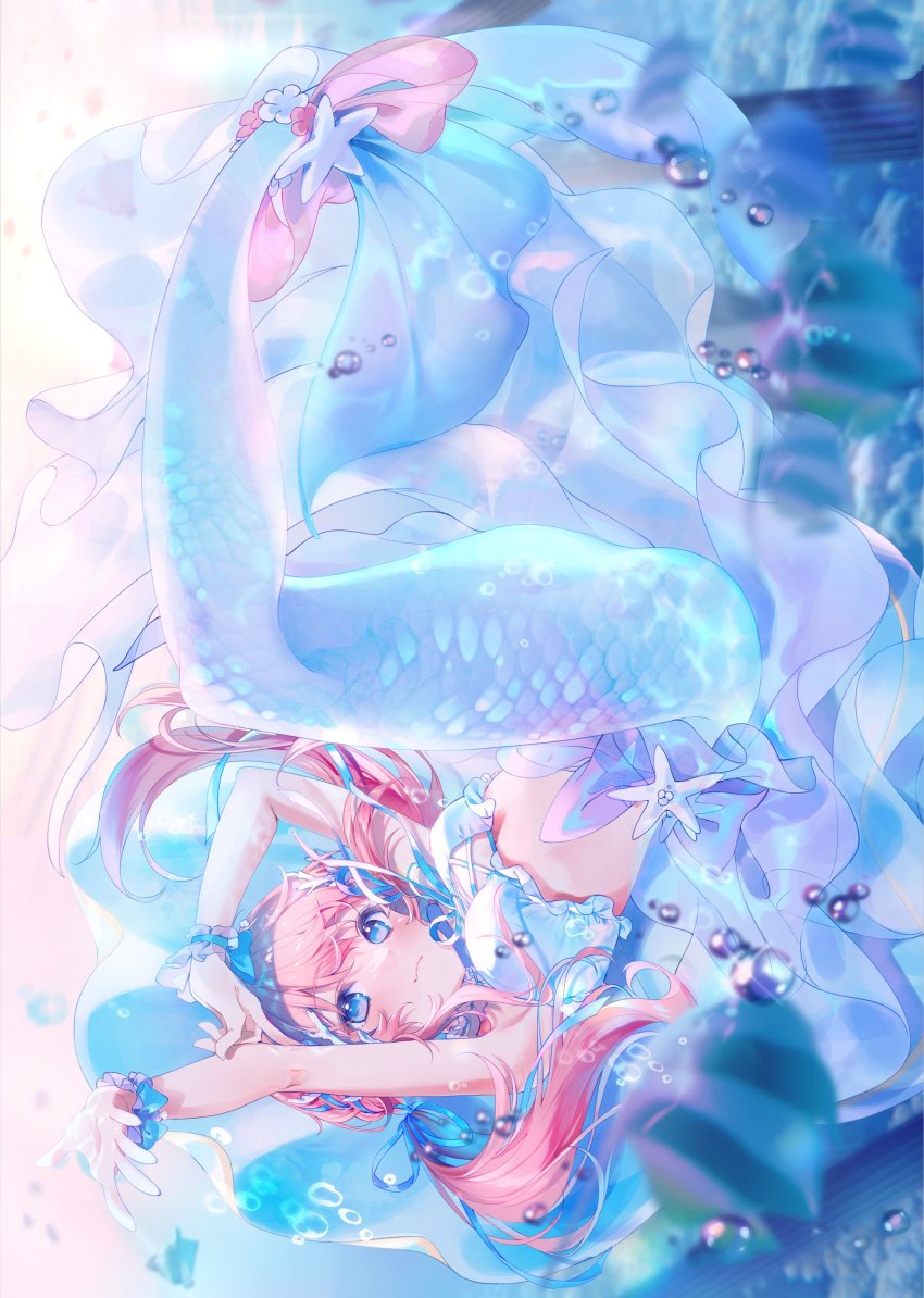 1girl, a20_(atsumaru), absurdres, blue_eyes, closed_mouth, fins, fish_tail, hanagumo_kuyuri