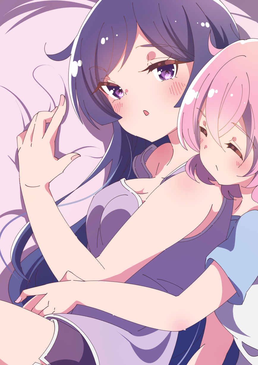 2girls, :/, assault_lily, bare_arms, bare_shoulders, blue_shirt, blush, breasts