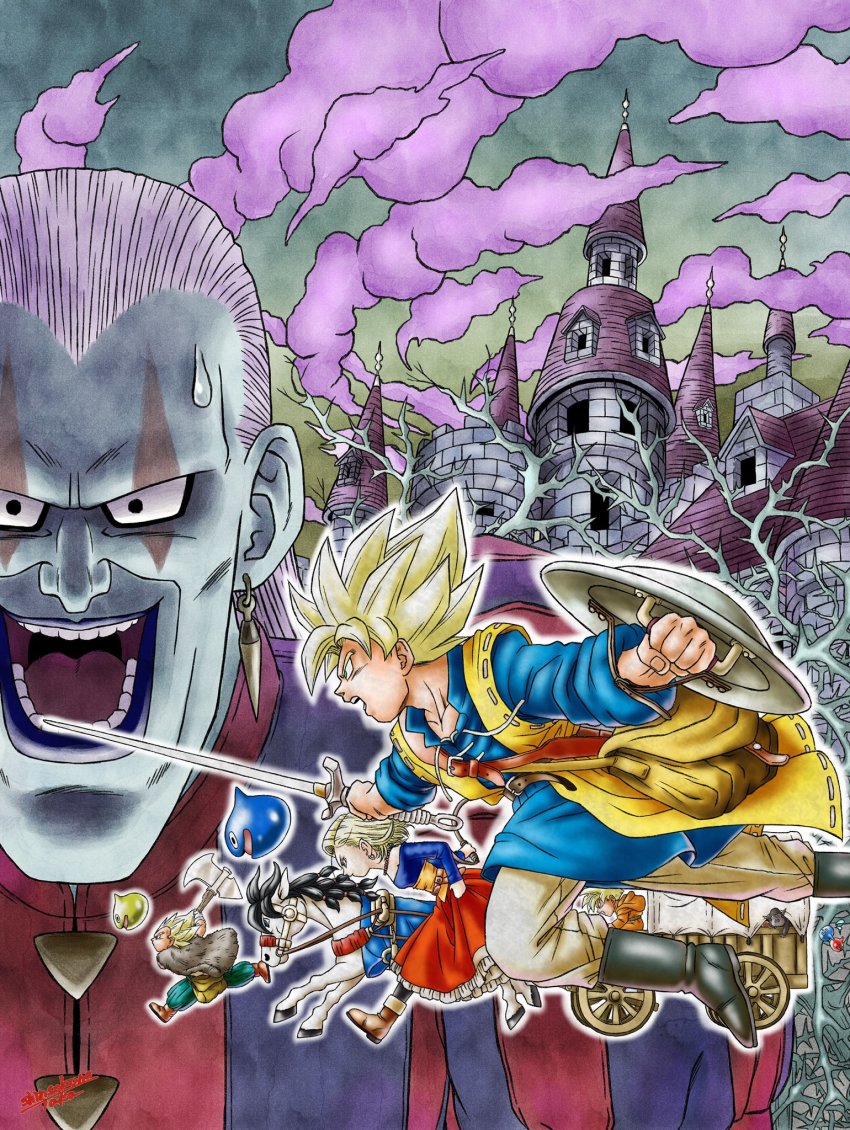 android_18, axe, blonde_hair, bubbles_(dragon_ball), castle, cloud, cosplay, creator_connection