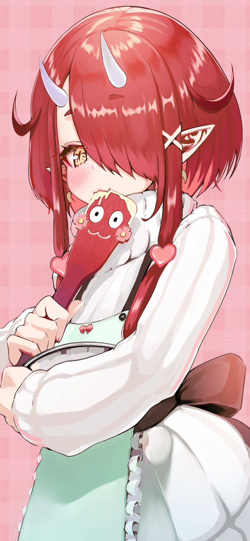 1girl, :3, absurdres, apron, blush, cooking, cowboy_shot, green_apron