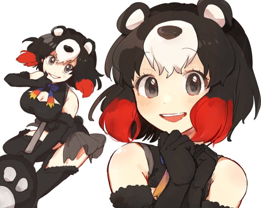 03sa40, 1girl, animal_ears, bear_ears, bear_girl, bear_tail, black_fur, black_hair, black_leotard, black_thighhighs, blue_bow, blue_bowtie, blush, bow, bowtie, brown_eyes, cleavage_cutout, clothing_cutout, commentary_request, frilled_leotard, frills, fur_trim, higumamon_(kemono_friends), kemono_friends, leotard, long_sleeves, looking_at_viewer, multicolored_hair, multiple_views, own_hands_together, paw_stick, red_hair, short_hair, sidelocks, smile, tail, thighhighs, white_hair, zettai_ryouiki