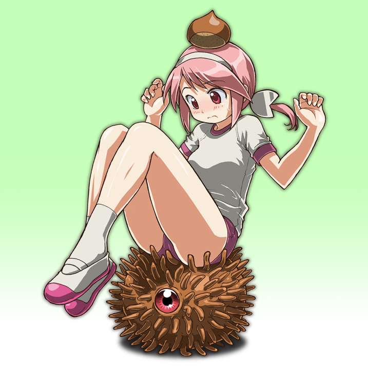 3:, bad_id, bad_pixiv_id, buruma, creature, gym_uniform, maron-chan, melonbooks, monster, pink_buruma, pink_eyes, pink_hair, rohitsuka, shoes, sitting, socks, solo, uwabaki
