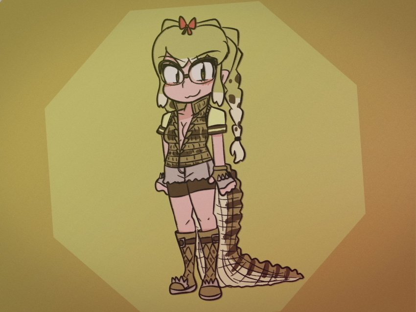:3, boots, braid, braided_pigtails, breasts, cleavage, crocodile_girl, crocodile_print