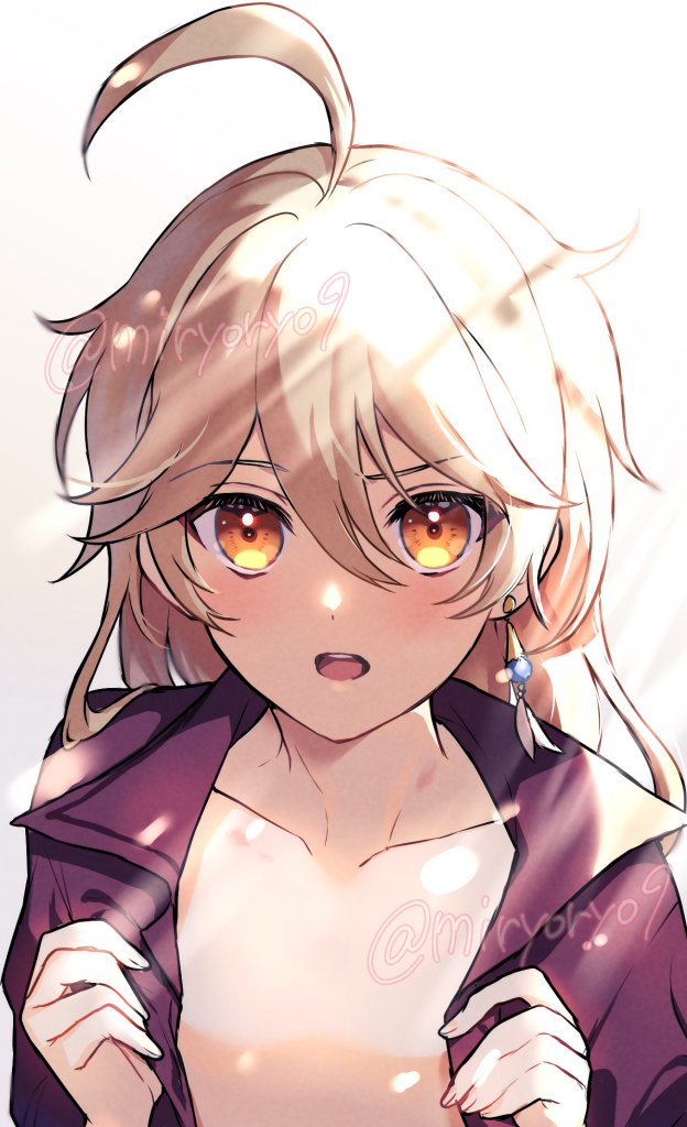 1boy, aether_(genshin_impact), alternate_costume, blonde_hair, collarbone, cosplay, earrings, genshin_impact, jewelry, long_hair, male_focus, miryoryo9, open_clothes, open_mouth, open_shirt, orange_eyes, red_shirt, shirt, single_earring, solo, sunlight, tartaglia_(genshin_impact), tartaglia_(genshin_impact)_(cosplay)