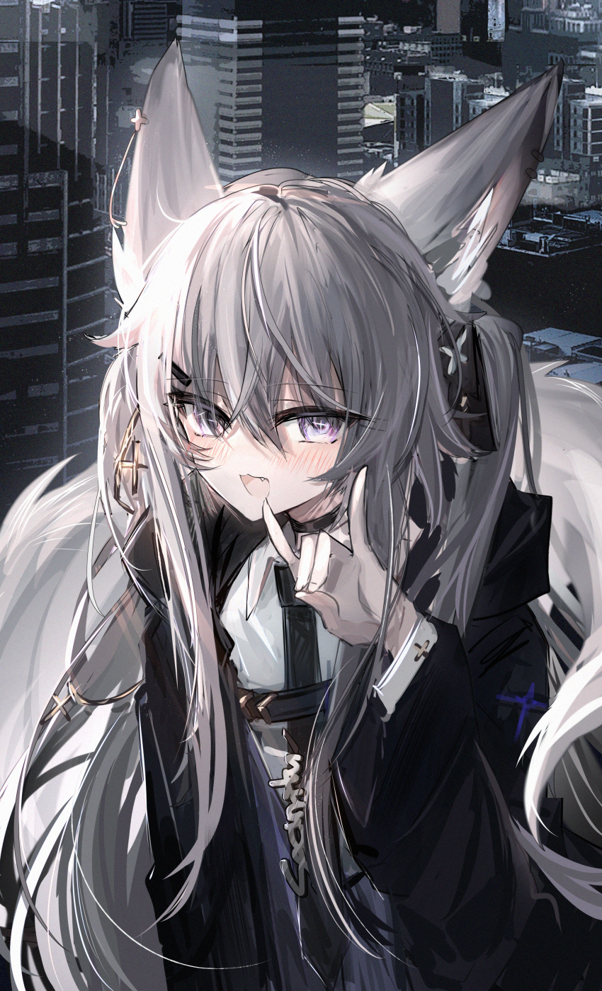 1girl, :d, absurdres, animal_ears, black_bow, black_choker, black_jacket, black_necktie