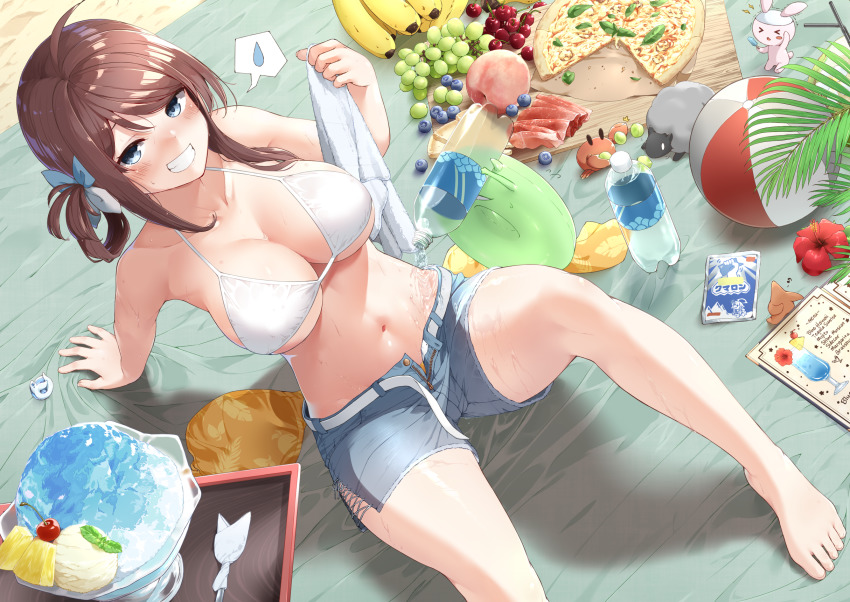 1girl, alternate_costume, banana, barefoot, bikini, blue_eyes, bottle, breasts, brown_hair, cherry, chougei_(kancolle), chougei_(swimsuit)_(kancolle), cleavage, crab, cross-laced_clothes, cross-laced_shorts, curvy, enemy_lifebuoy_(kancolle), food, fruit, grapes, highres, kantai_collection, large_breasts, looking_at_viewer, medium_hair, navel, partially_submerged, pizza, shorts, smile, solo, spoken_sweatdrop, sweatdrop, swimsuit, water_bottle, white_bikini, yui_(seiga)