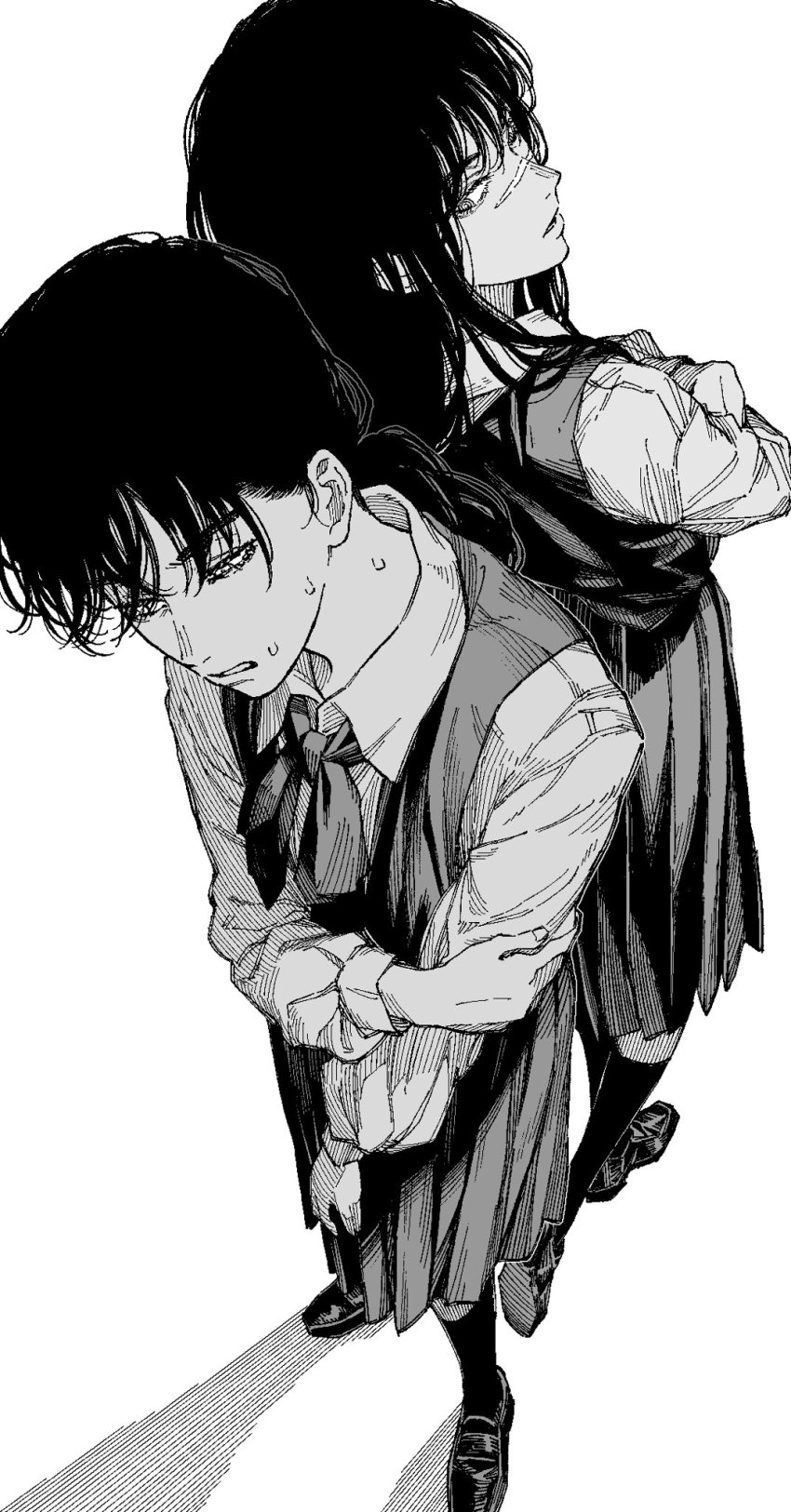 2girls, arisancake, back-to-back, chainsaw_man, crossed_arms, dress, eyelashes, fingernails, grey_background, greyscale, half-closed_eyes, hand_on_own_arm, hatching_(texture), highres, long_hair, looking_at_another, mitaka_asa, monochrome, multiple_girls, parted_lips, pinafore_dress, ringed_eyes, scar, scar_on_face, scar_on_nose, school_uniform, simple_background, sleeveless, sleeveless_dress, socks, standing, sweat, teeth, turning_head, yoru_(chainsaw_man)