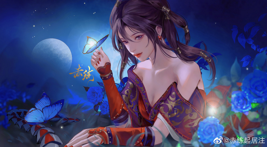 1girl, absurdres, bare_shoulders, black_hair, bug, butterfly, chi_lian_(qin_shi_ming_yue), chi_lian_qiju_zhu