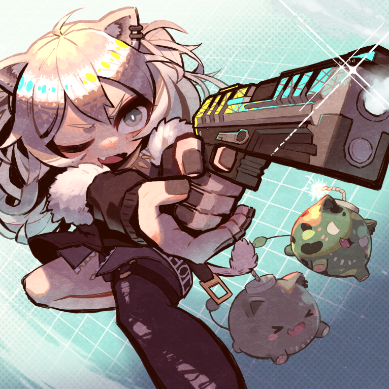 1girl, ahoge, aiming, animal_ears, black_jacket, black_nails, black_shirt, black_thighhighs, breasts, chibi, cleavage, ear_piercing, finger_on_trigger, fingernails, fur_trim, grey_eyes, grey_hair, gun, h&amp;k_hk45, hair_between_eyes, handgun, holding, holding_gun, holding_weapon, hololive, impossible_clothes, impossible_shirt, jacket, jewelry, kuran472e, large_breasts, lion_ears, long_hair, looking_away, messy_hair, nail_polish, necklace, piercing, shirt, shishiro_botan, shishiro_botan_(1st_costume), simple_background, single_thighhigh, skin_tight, sleeveless, sleeveless_shirt, solo_focus, ssrb_(shishiro_botan), thigh_strap, thighhighs, two_side_up, upper_body, virtual_youtuber, weapon, white_background