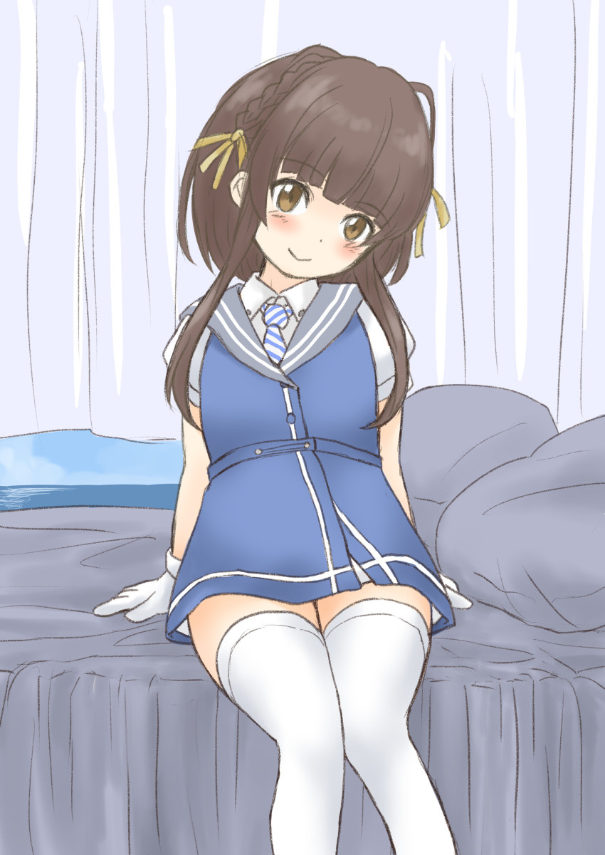 1girl, absurdres, bed, blush, brown_eyes, brown_hair, commentary_request, curtains