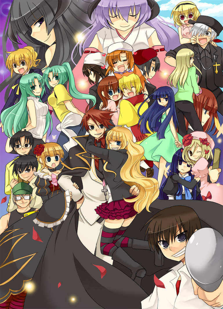 07th_expansion, 6+boys, 6+girls, akasaka_mamoru, amakusa_juuza, bad_id, bad_pixiv_id, beatrice_(umineko), black_hair, blonde_hair, blue_hair, brown_hair, cape, company_connection, creator_connection, crossover, dress, featherine_augustus_aurora, formal_clothes, frederica_bernkastel, furude_rika, glasses, hanyuu, higurashi_no_naku_koro_ni, horns, houjou_satoko, in-franchise_crossover, kanon_(umineko), lambdadelta, maebara_keiichi, masuraoburi, multiple_boys, multiple_girls, no_naku_koro_ni_(series), ryuuguu_rena, sakutarou_(umineko), shannon_(umineko), siblings, sisters, skirt, sonozaki_mion, sonozaki_shion, suit, takano_miyo, tomitake_jirou, twins, umineko_no_naku_koro_ni, ushiromiya_ange, ushiromiya_battler, ushiromiya_george, ushiromiya_jessica, ushiromiya_maria