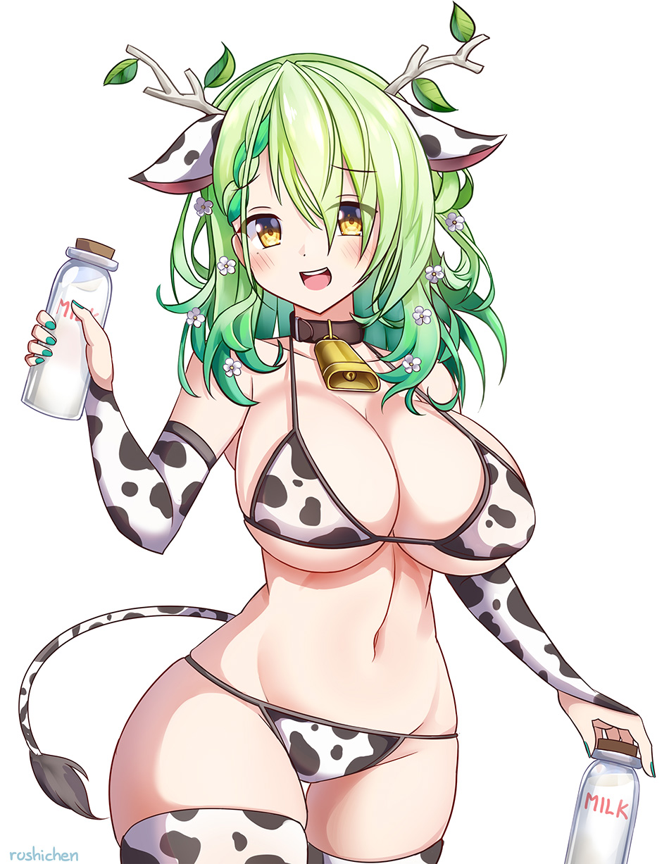 1girl, :d, animal_ears, animal_print, antlers, bell, bikini, bottle, braid, breasts, ceres_fauna, cleavage, cow_ears, cow_print, cow_print_bikini, cow_tail, cowbell, french_braid, green_hair, green_nails, highres, hololive, hololive_english, horns, large_breasts, leaf, long_hair, midriff, milk, milk_bottle, nail_polish, navel, neck_bell, open_mouth, print_bikini, roshi_chen, simple_background, smile, solo, swimsuit, tail, thighhighs, virtual_youtuber, white_background, yellow_eyes, zettai_ryouiki